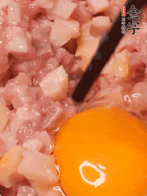 猪肉末、咸肉丁，分次加葱姜水，一勺糖、一丢白胡椒，春笋丁，打入一个鸡蛋